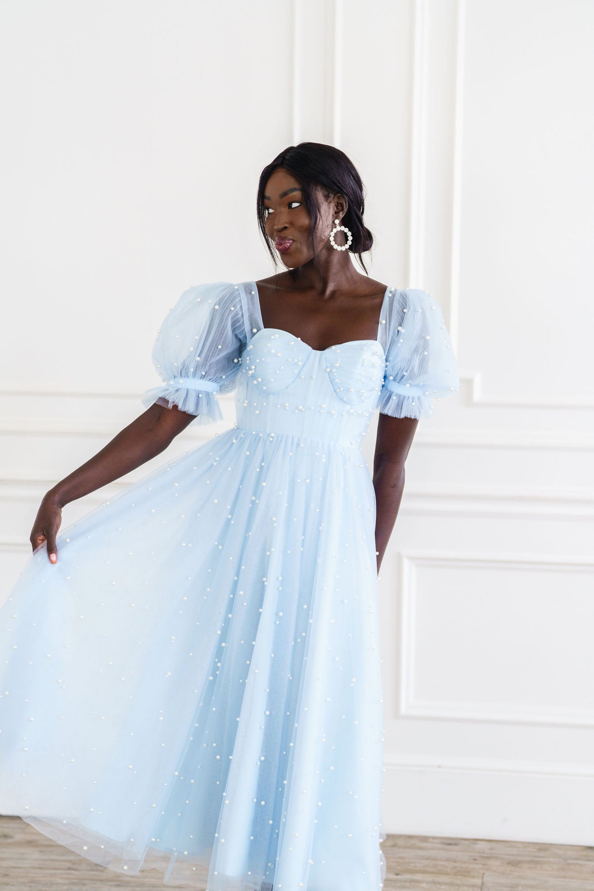loght blue dress Light Short with Ruffle Detail length Neckline On Your Way Light Blue
